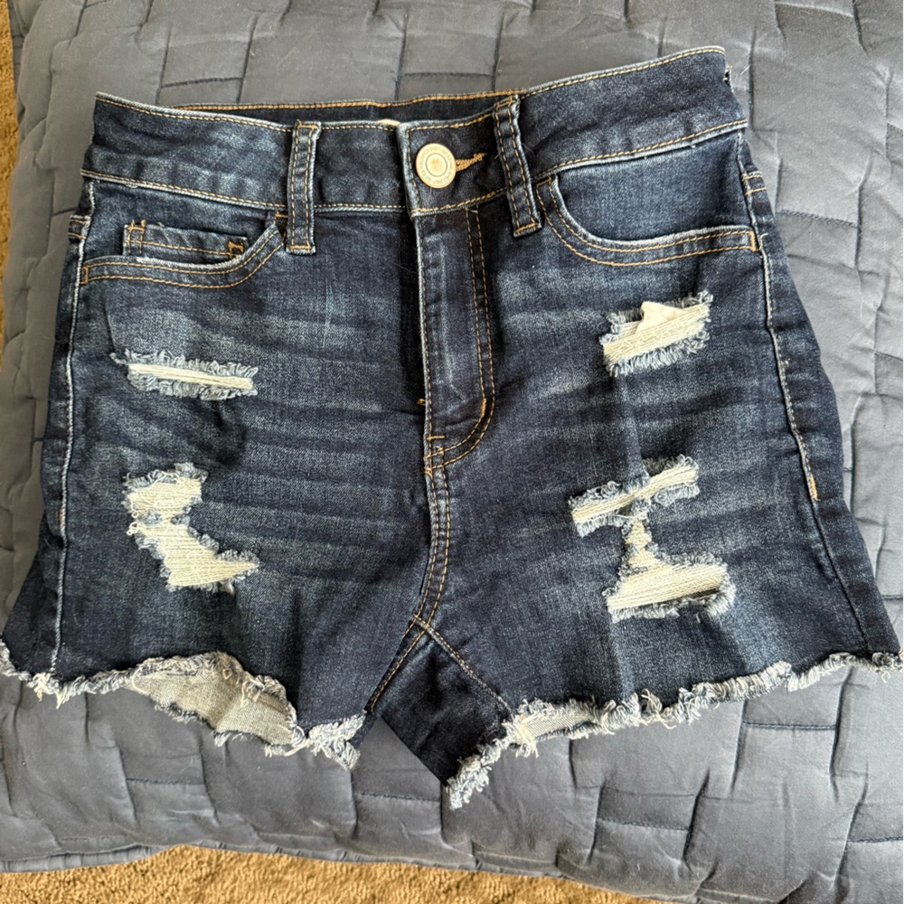 Distressed Dark Blue High Rise Jean Shorts